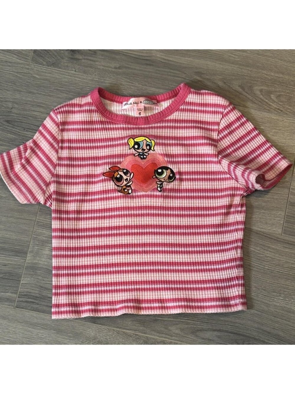 Dolls Kill Powerpuff Girls Shirt Womens S Fighting Strong Baby Tee Pink Stripe